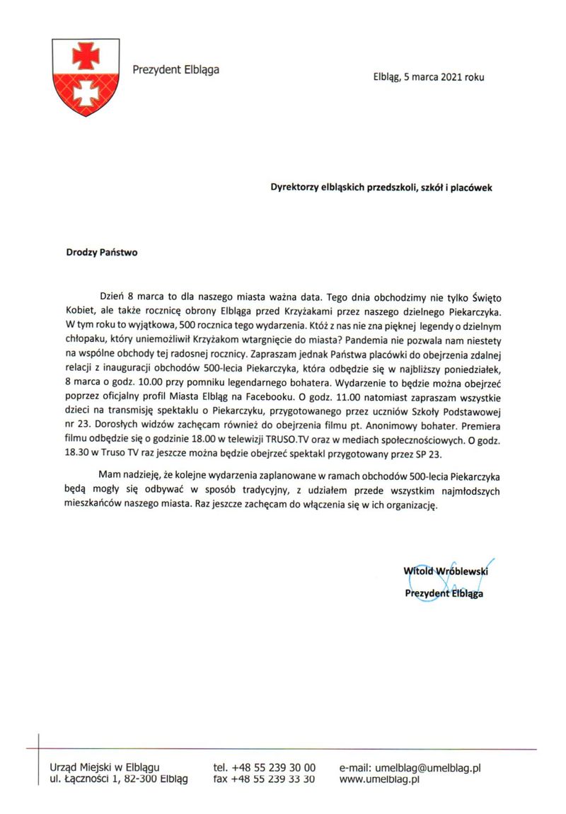 List Prezydenta Elbląga